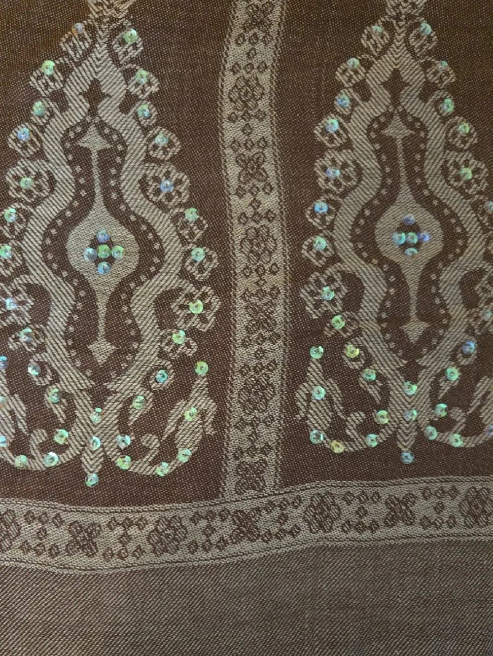 Embellished Paisley Fringe Scarf in Brown and Cream